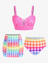 ROSEGAL Plus Size Padded Plaid Three Piece Swimwear