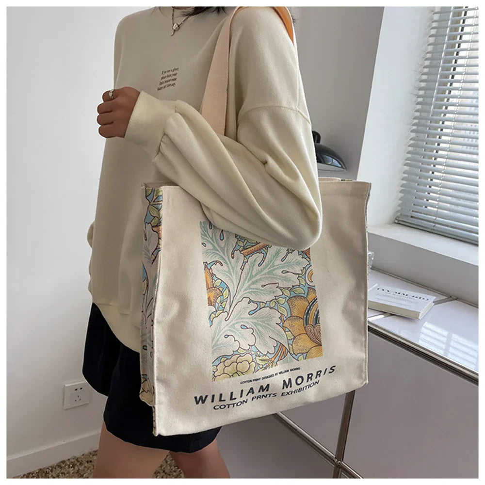 Retro Flower Canvas Bag Large Capacity Shoulder Bag Ladies Fashion Literature Cotton Letters Shopping Bag Student Handbag 2024