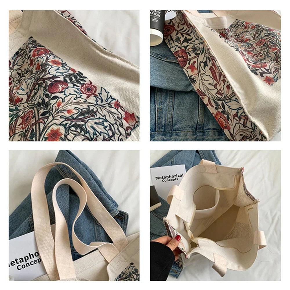 Retro Flower Canvas Bag Large Capacity Shoulder Bag Ladies Fashion Literature Cotton Letters Shopping Bag Student Handbag 2024