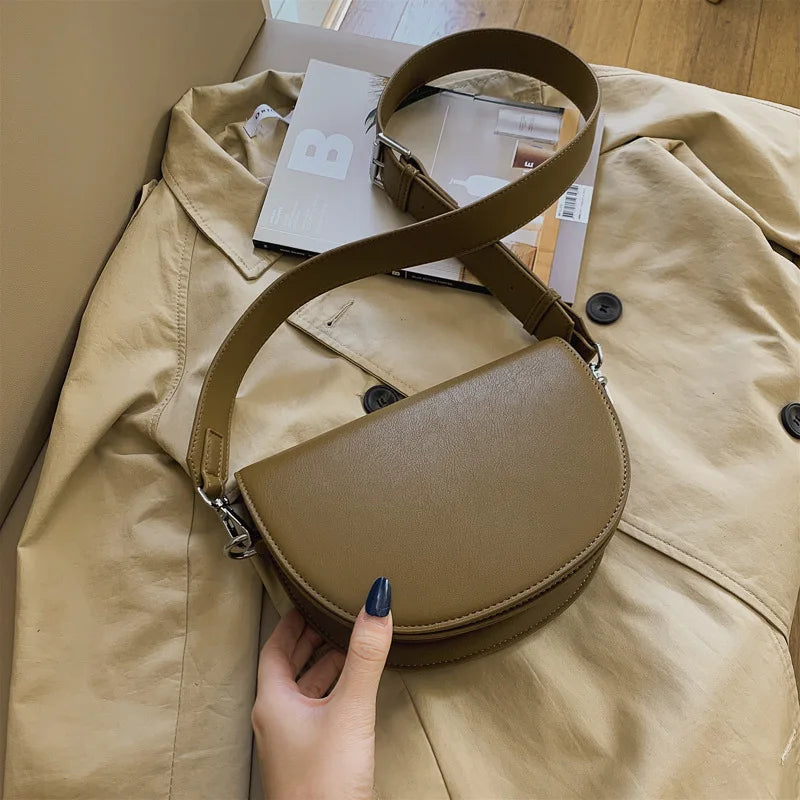 Retro Solid Color Saddle Bag High Quality Leather