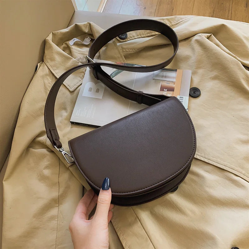 Retro Solid Color Saddle Bag High Quality Leather