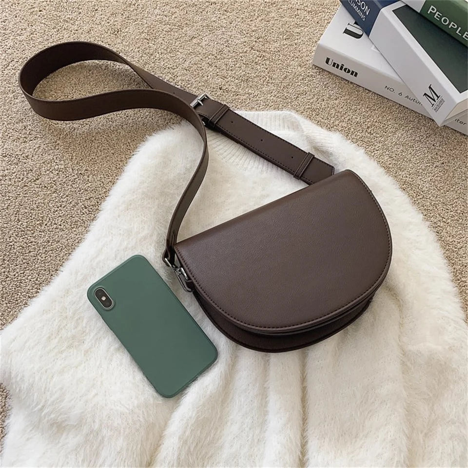 Retro Solid Color Saddle Bag High Quality Leather
