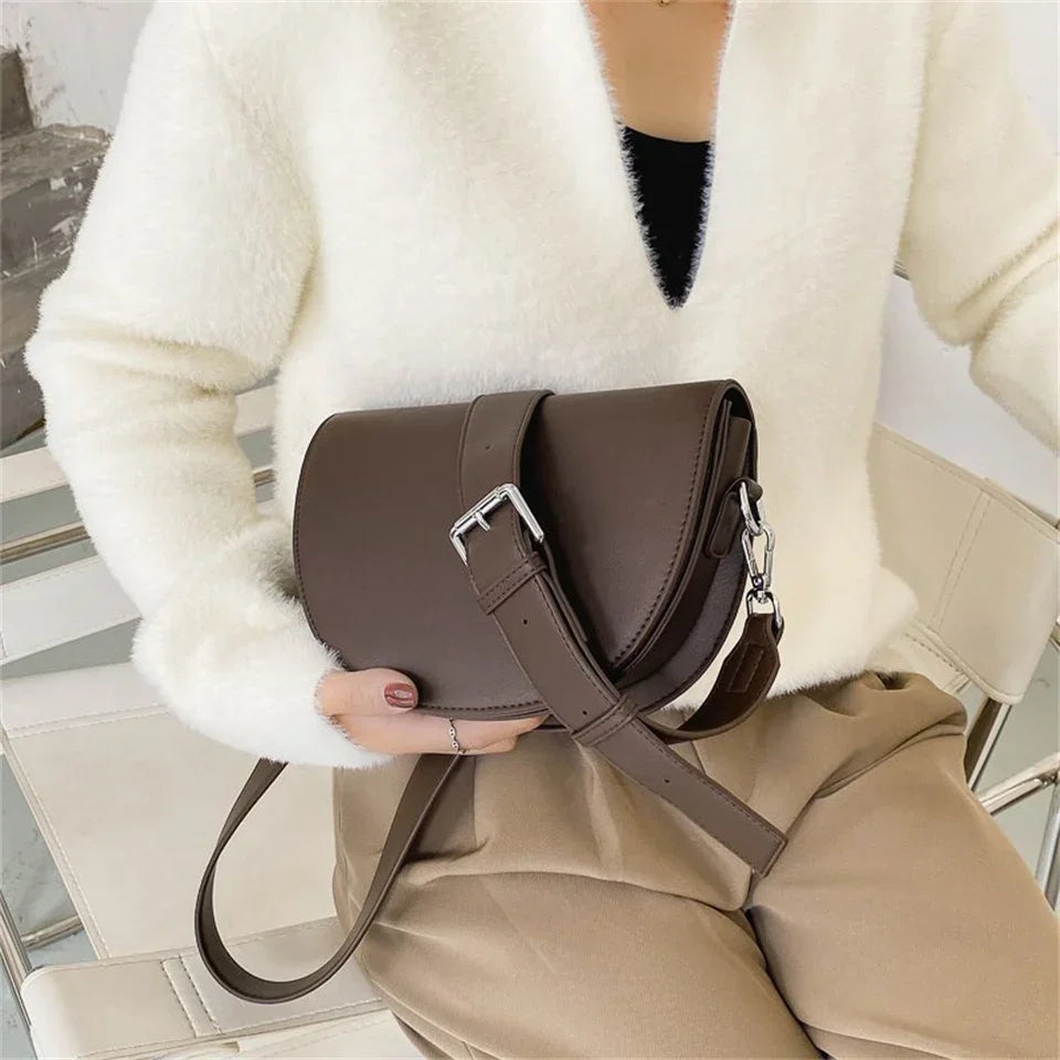 Retro Solid Color Saddle Bag High Quality Leather