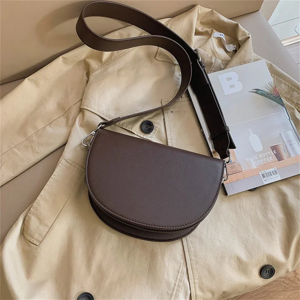 Retro Solid Color Saddle Bag High Quality Leather