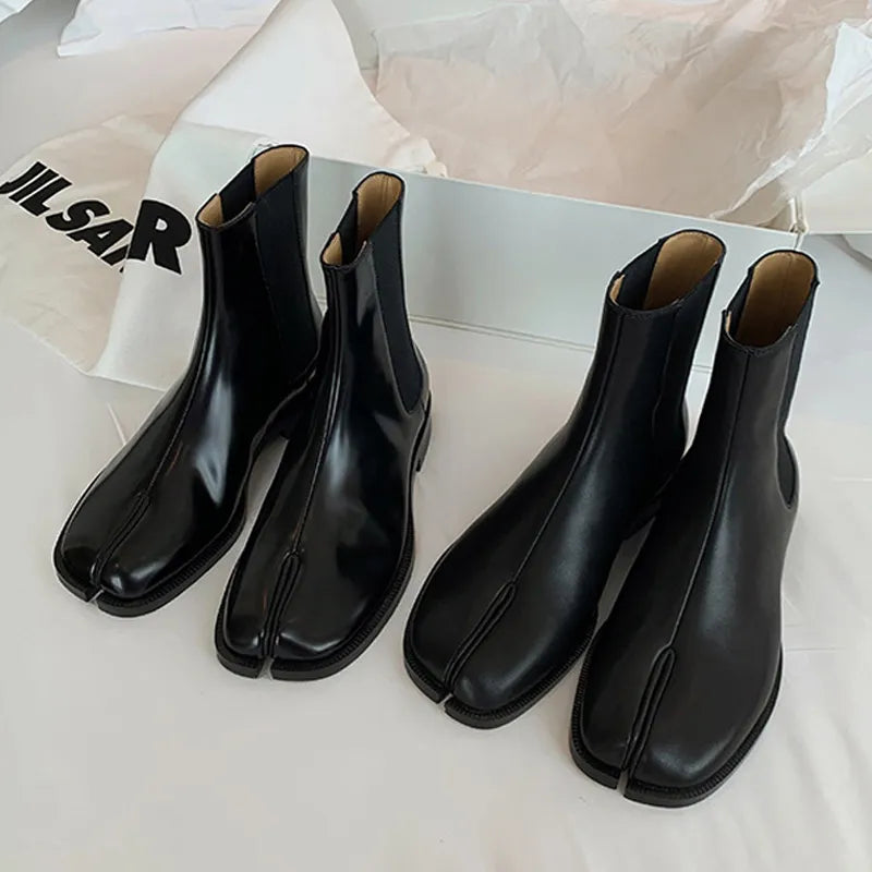 Retro Split Toe Ankle Boots Woman Shiny&Matte Leather