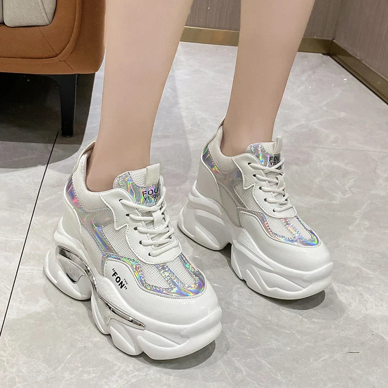 Rimocy White Laser Chunky Sneakers Women Spring Autumn Fashion Platform Shoes Woman Fashion Thick Sole Hidden Heels Sports Shoes