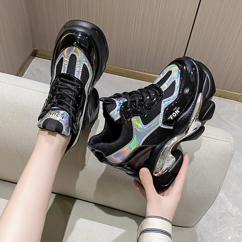 Rimocy White Laser Chunky Sneakers Women Spring Autumn Fashion Platform Shoes Woman Fashion Thick Sole Hidden Heels Sports Shoes