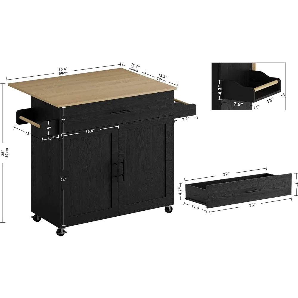 Rolling Kitchen Island Table on Wheels With Drop