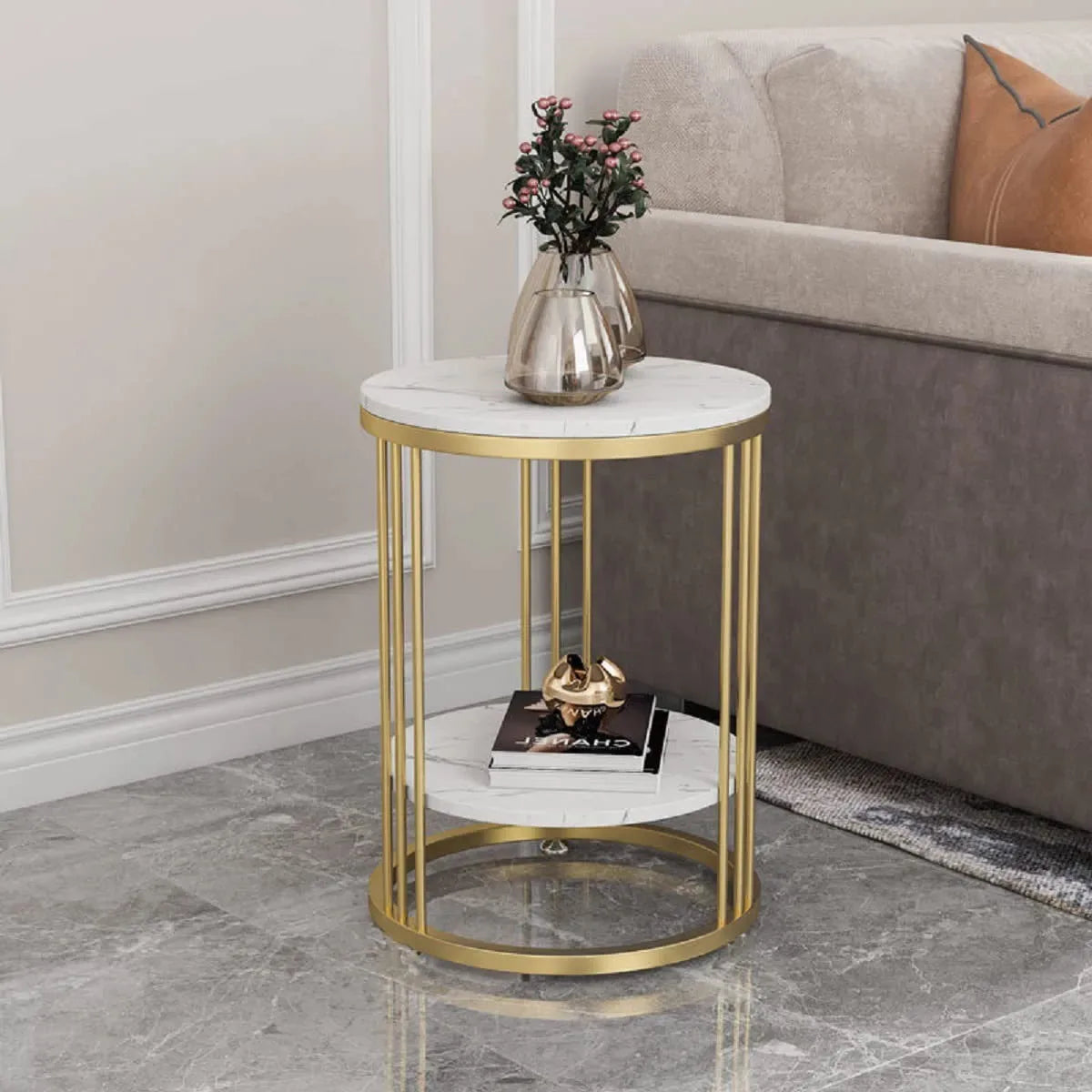 Round Marble Accent Table End 2 Tiers Storage