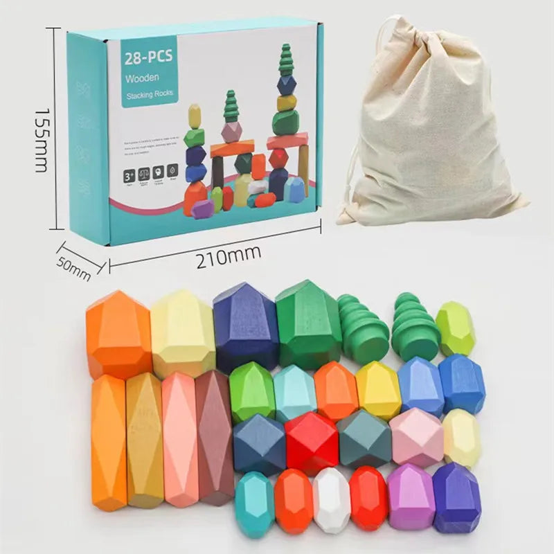 Montessori Rainbow Wooden Stone Stacking Blocks Stapelstenen Balans