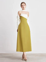 DEAT Elegant Dress Strapless Off Shoulder Contrast Color