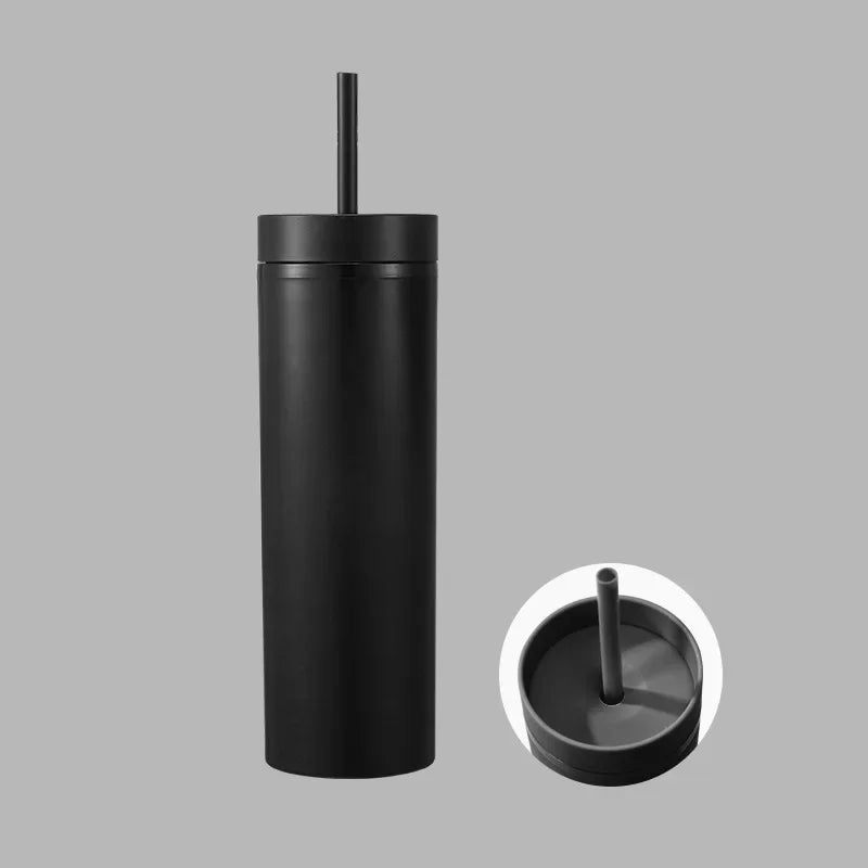 Plastic Straw Cup Double-Layer Water Bottles Coffee Cup