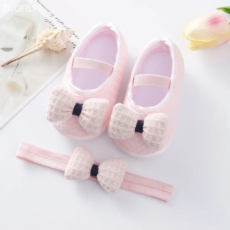 0~18M Cute Bowknot Newborn Baby Shoes Headband Set