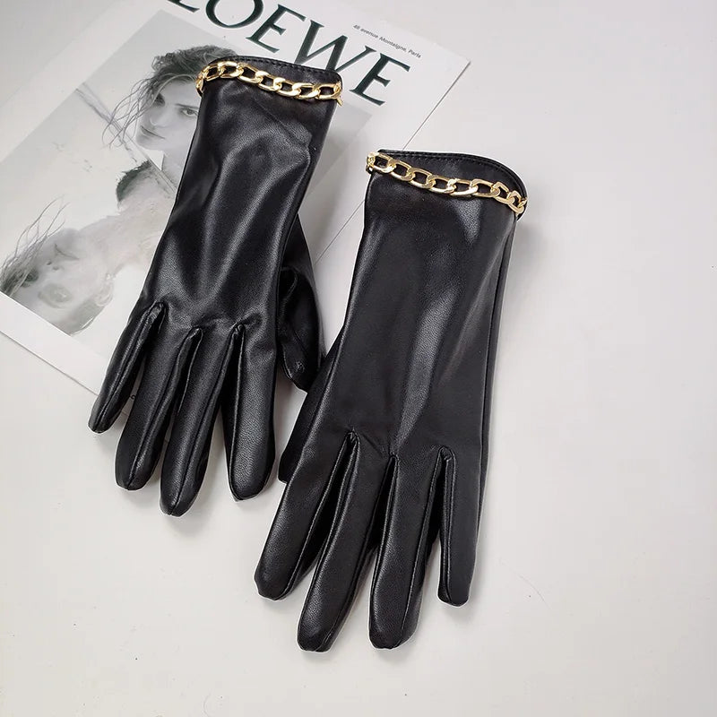 Fashion Chain Women' PU Leather Gloves Winter Warm