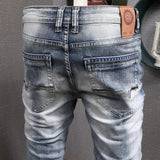 Fashion Designer Men Jeans Retro Light Blue Stretch