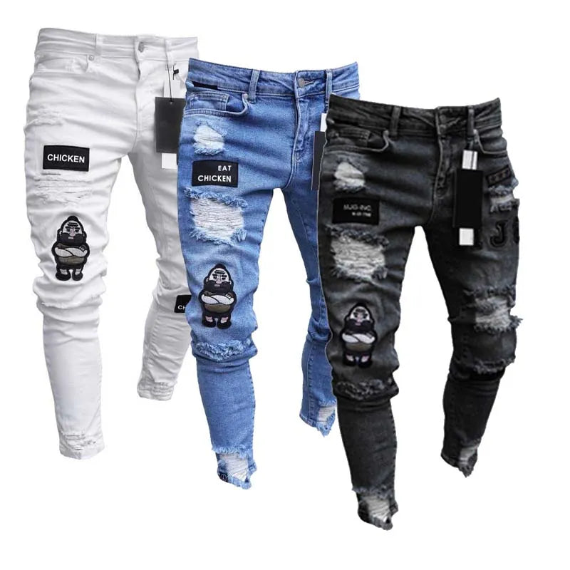 White Embroidery Jeans Men Cotton Stretchy Ripped Skinny