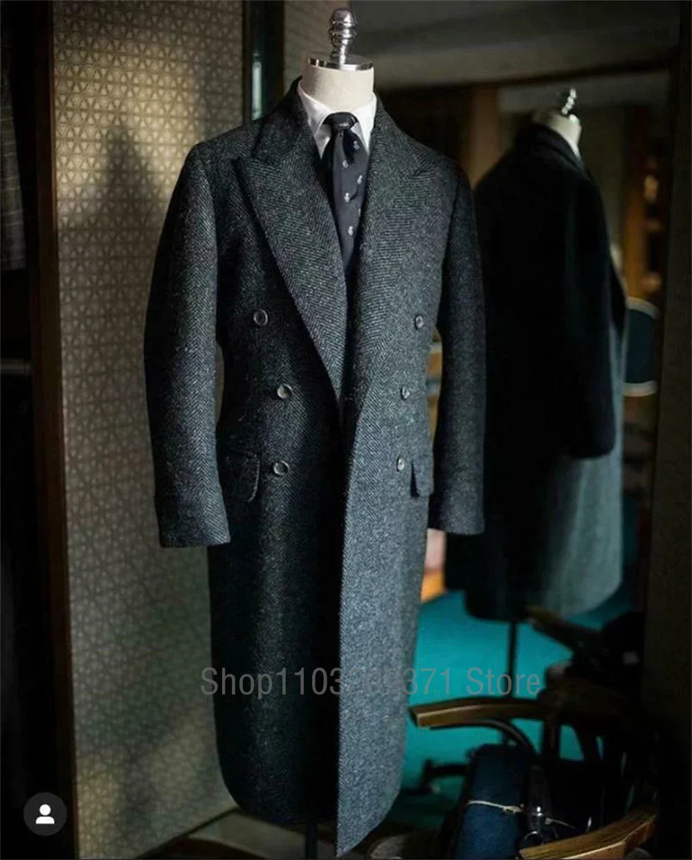 Herringbone Suit Jackets Men Tweed Wool Blend Trench