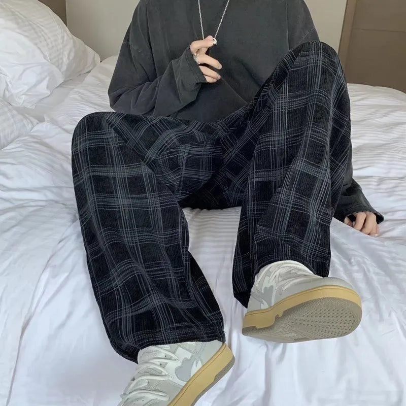 Men Checkered Casual Pants Loose Straight Corduroy Pants