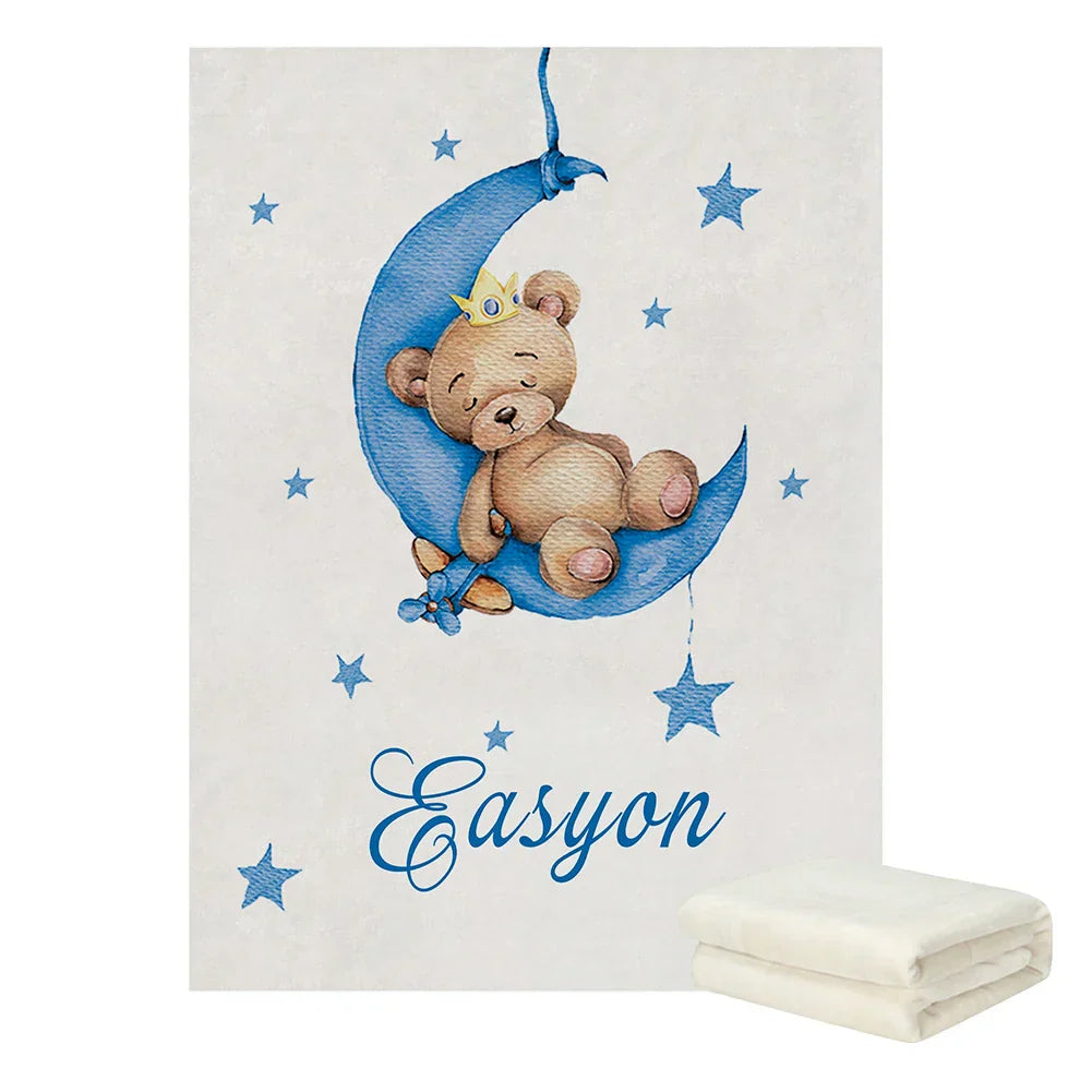 LVYZIHO Custom Name Sleeping Bear Blue Crib Bedding