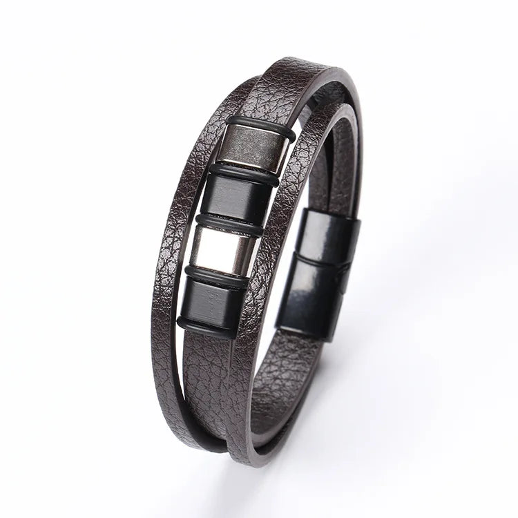 Trendy Leather Bracelets Men Stainless Steel Multilayer Braided