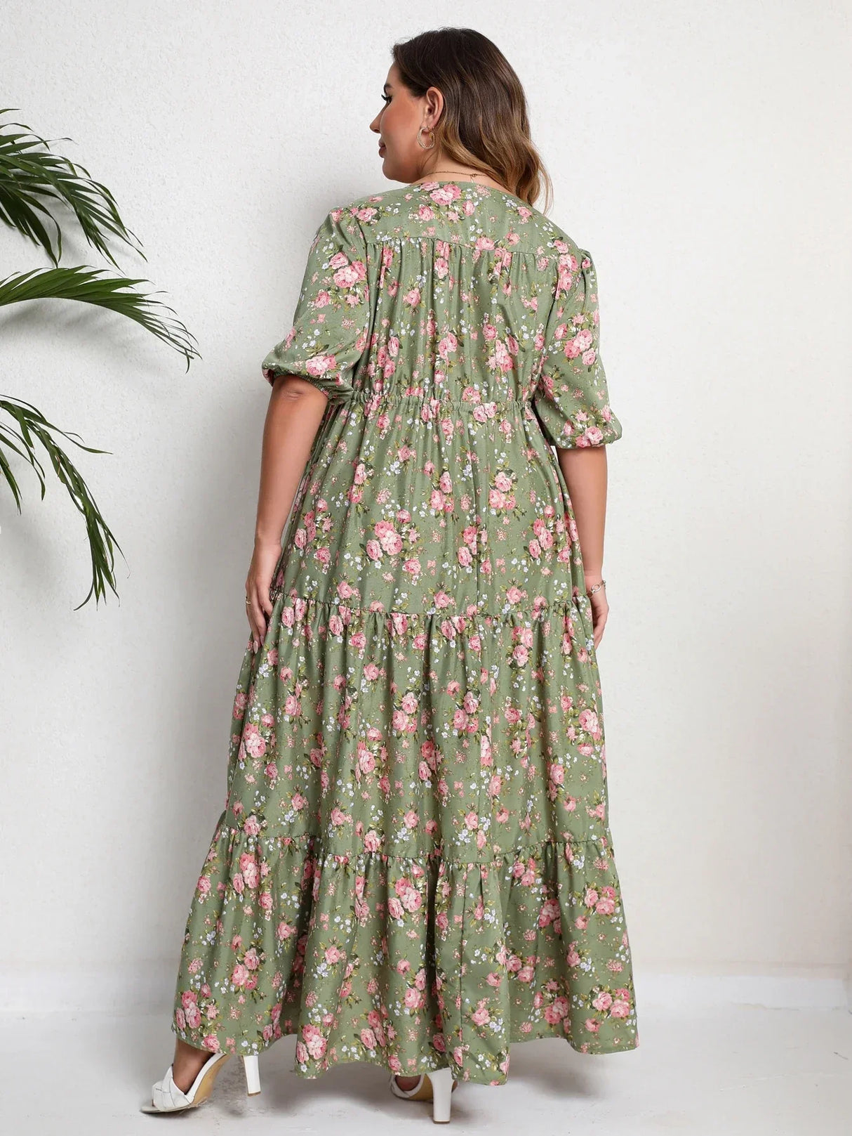 Plus Size Floral Print Half Sleeve Split Hem