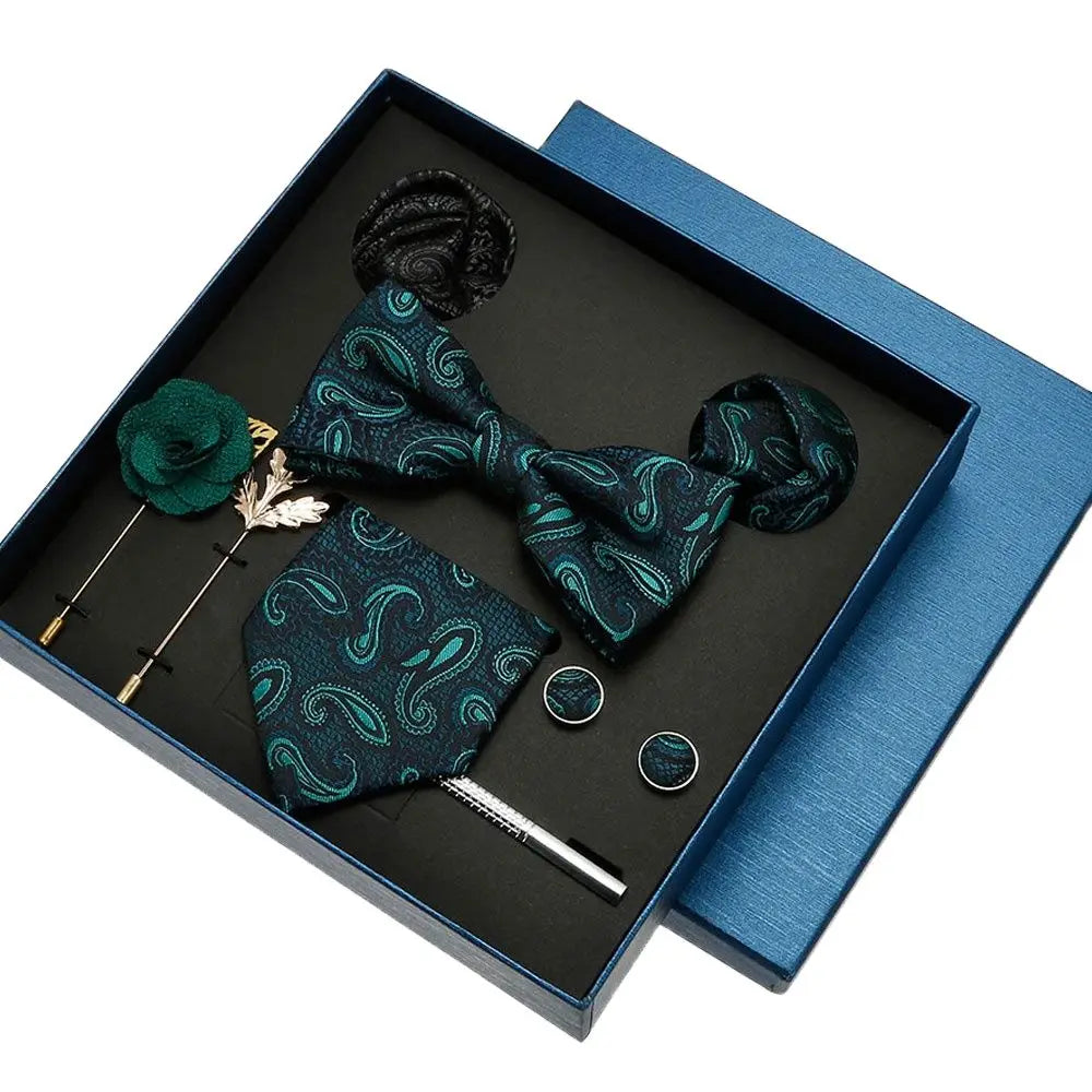 Black Mens Neck Tie Gift Set Bowtie Pocket