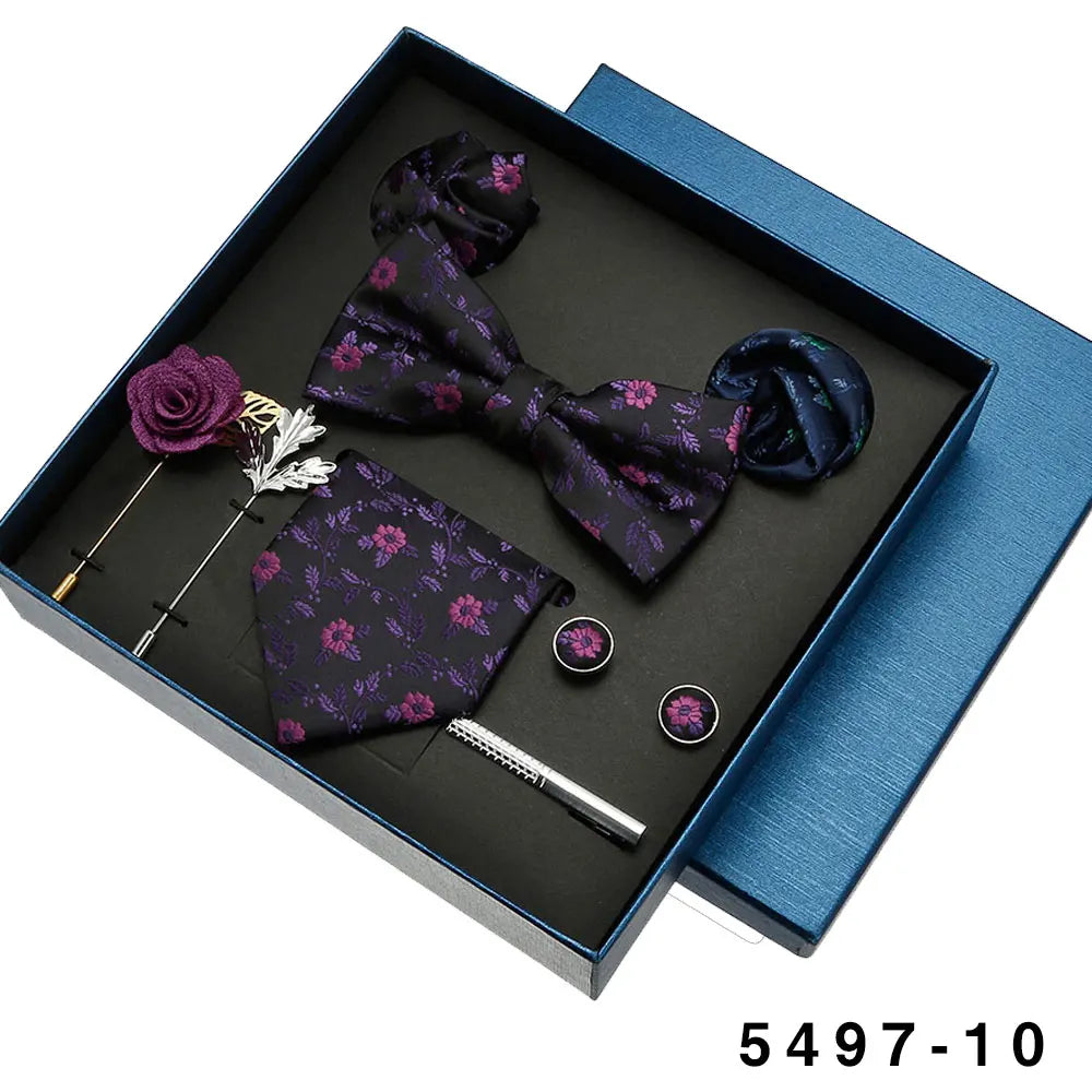 Black Mens Neck Tie Gift Set Bowtie Pocket