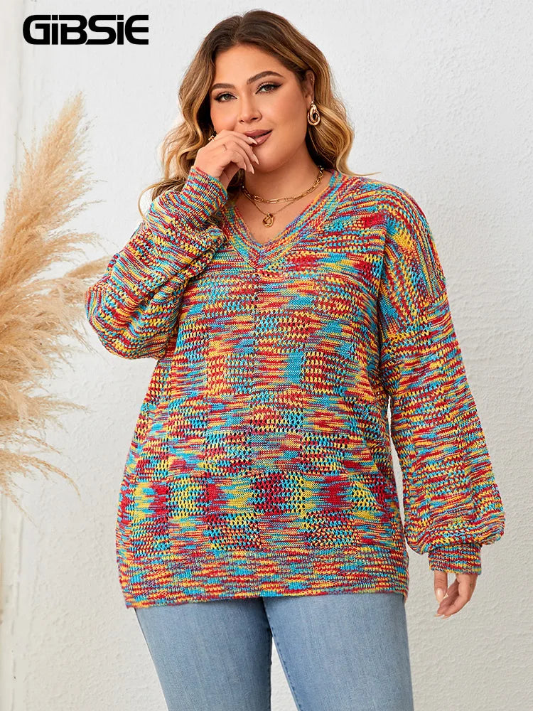 GIBSIE Plus Size Lantern Sleeve V Neck rainbow