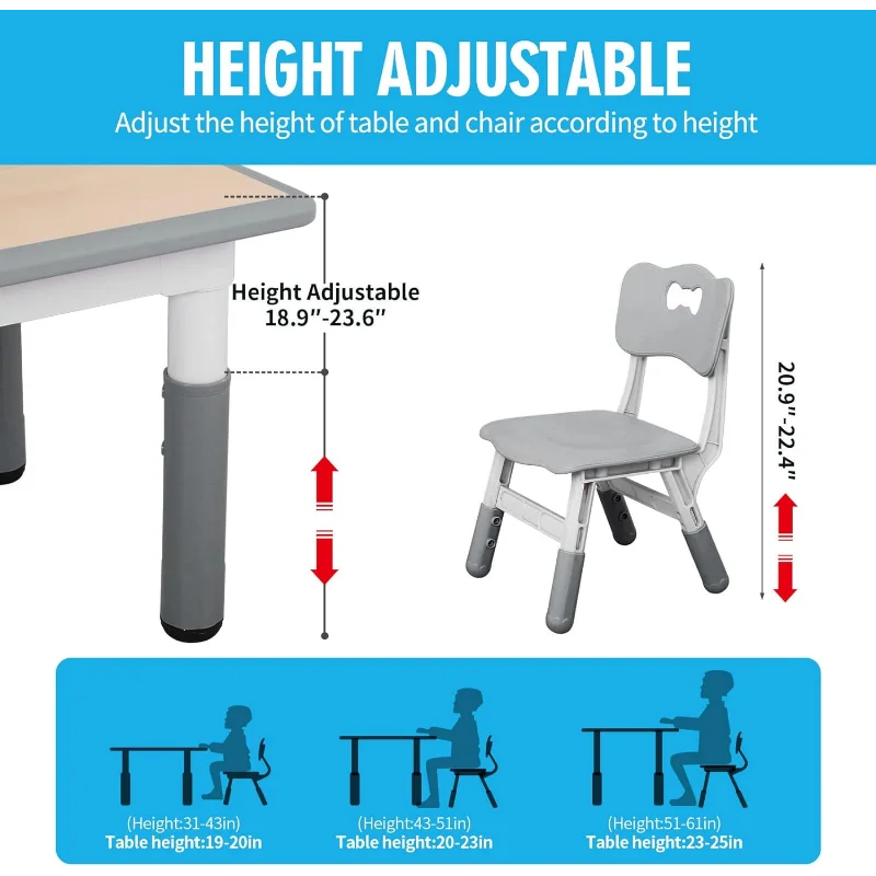 Kids Study Table and Chairs Set, Height Adjustable