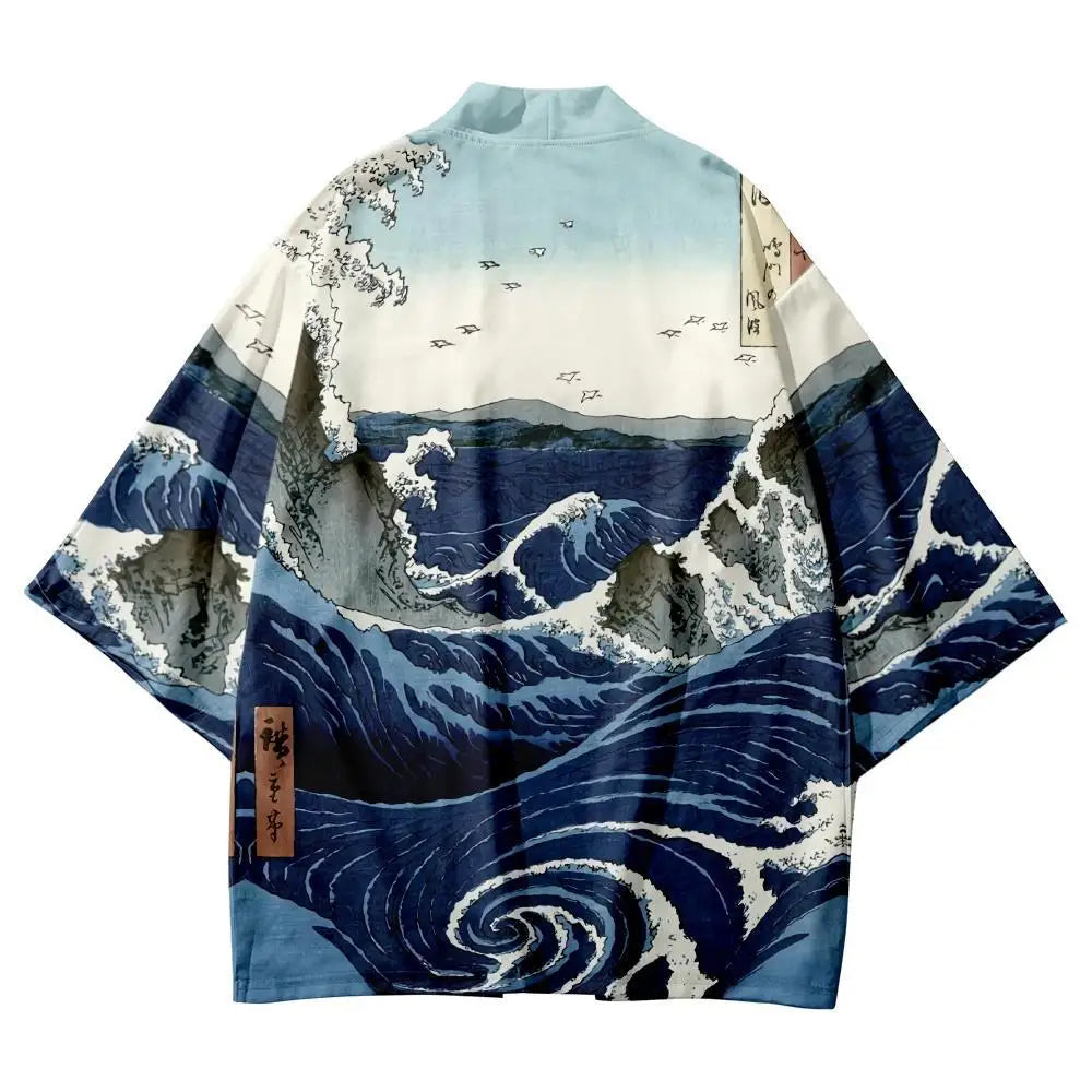 Vintage Japanese Style Waves Print Kimono Shirt Clothing
