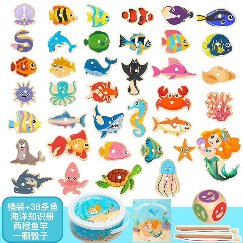 Wooden Magnetic Fishing Toys Baby Cartoon Marine Life