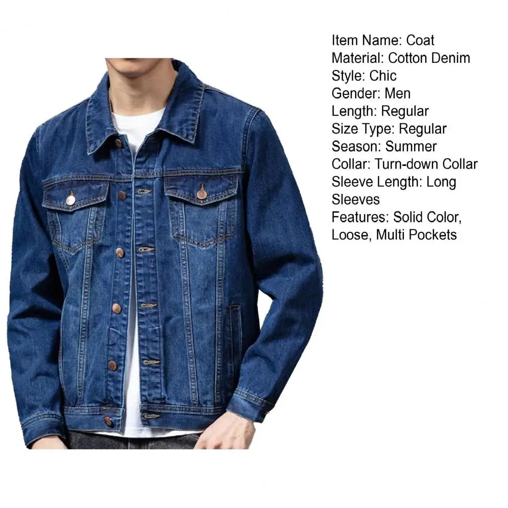 Men Denim Jacket Long Sleeves Multi Pockets Lapel