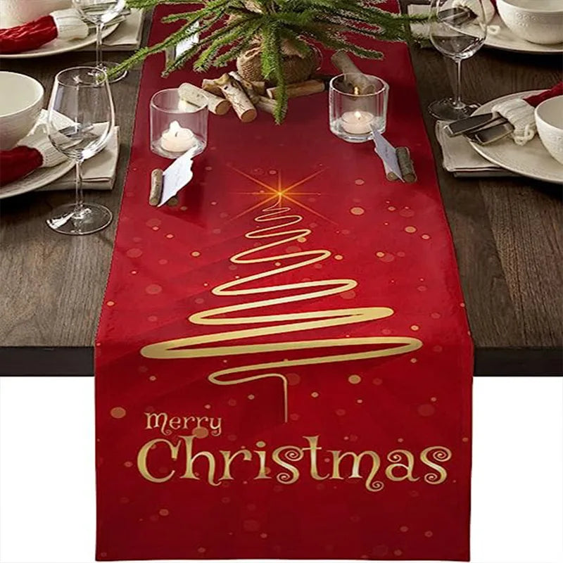 Linen Christmas Table Runner Snowman Xmas Tree Home