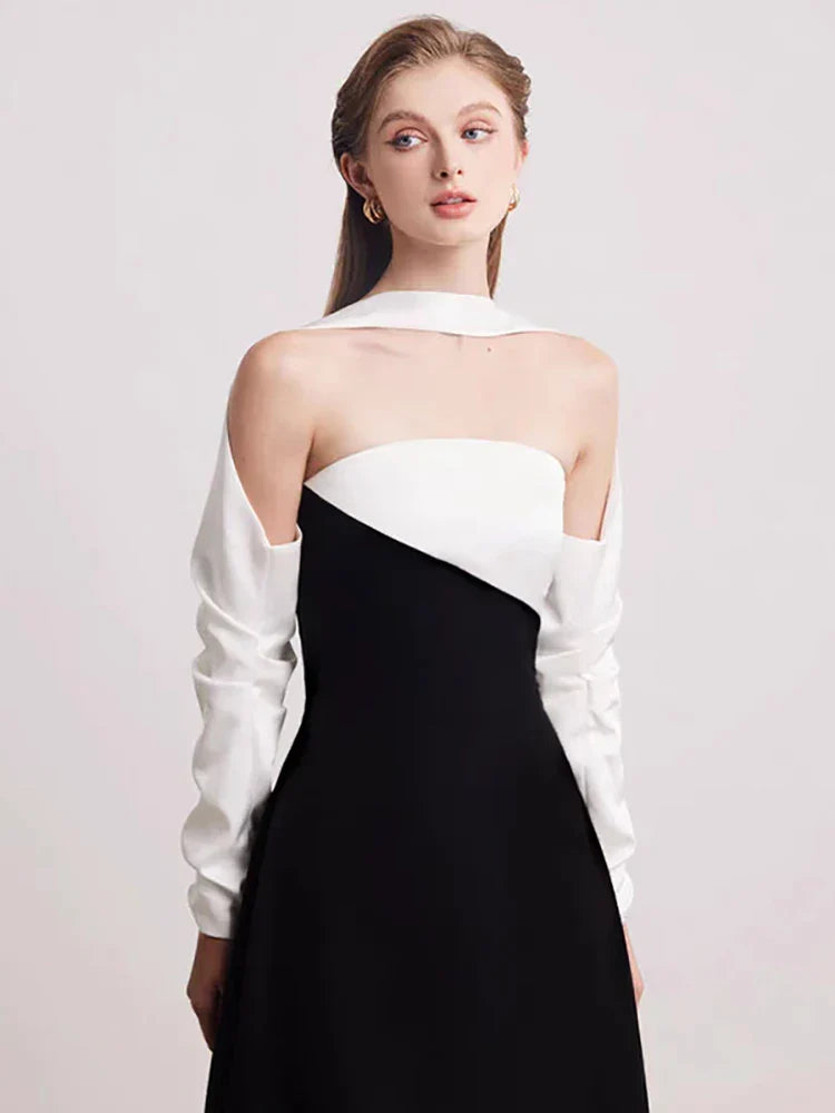 DEAT Elegant Dress Strapless Off Shoulder Contrast Color