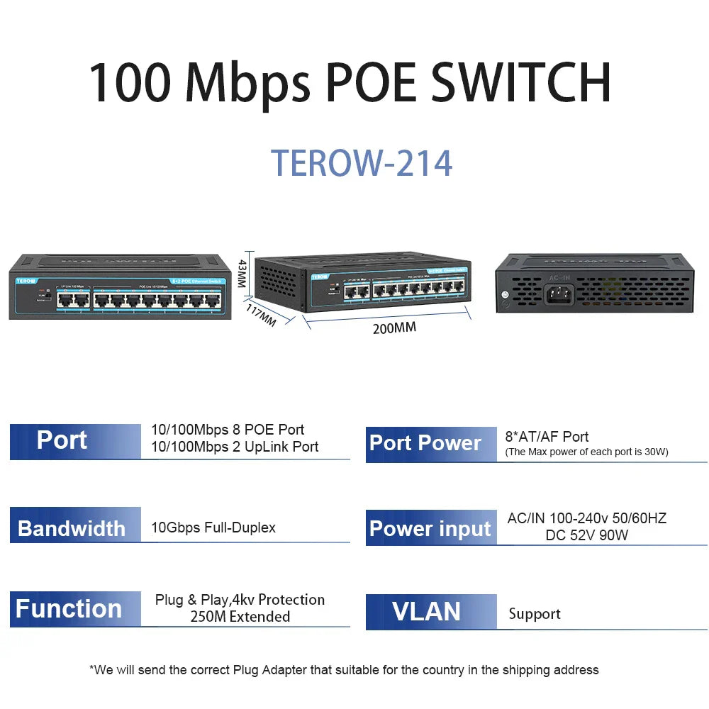 TEROW POE Switch 10 Port 100Mbps Ethernet Smart