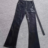 RO Style Distressed Washed Patchwork Flared Jeans American