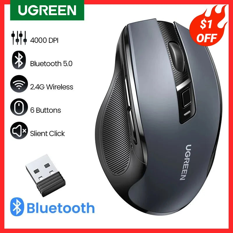 UGREEN Wireless Mouse Bluetooth5.0 Mouse Ergonomic 4000DPI 6