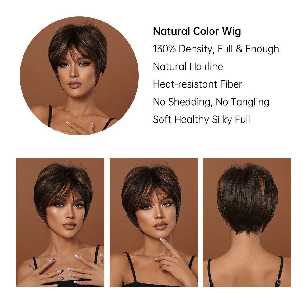 Short Pixie Cut Wig with Highlight Straight Chocolate