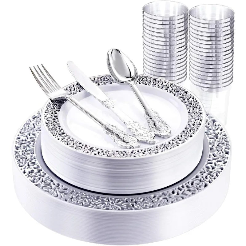 150PCS Silver Plastic Plates, Disposable Silverware & Plastic