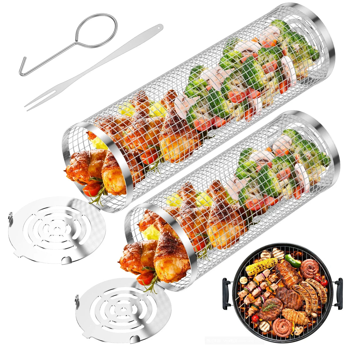 Round Rotisserie Basket BBQ Stainless Steel Mesh Barbecue