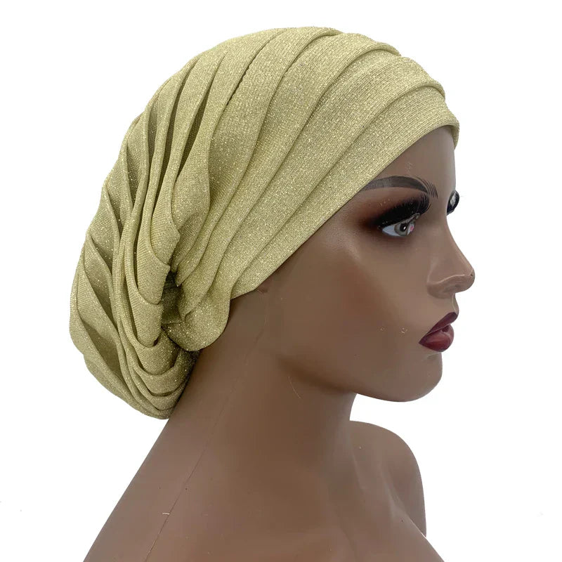 Glitter Pleated African Turban Cap Womens Head Wraps