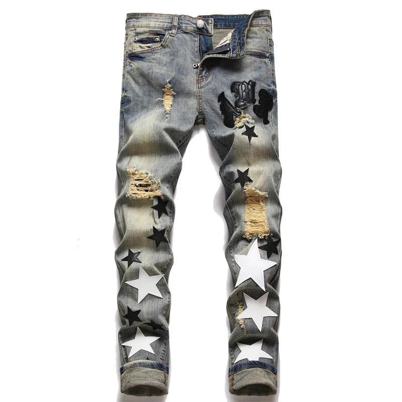 usa style Man's Jeans Five-pointed Star Torn Patches