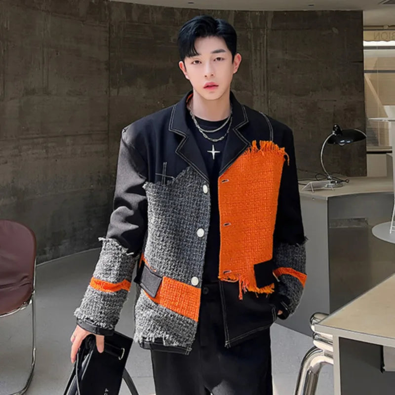 IEFB Trend Fashion Coat Personality Men Woolen Contrast