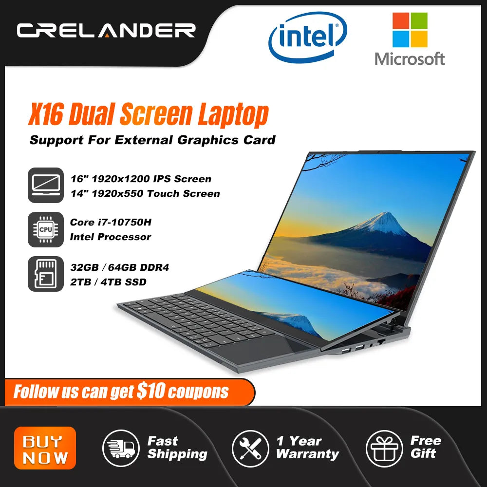 CRELANDER Dual Screen Laptop 16 Inch 2K LCD