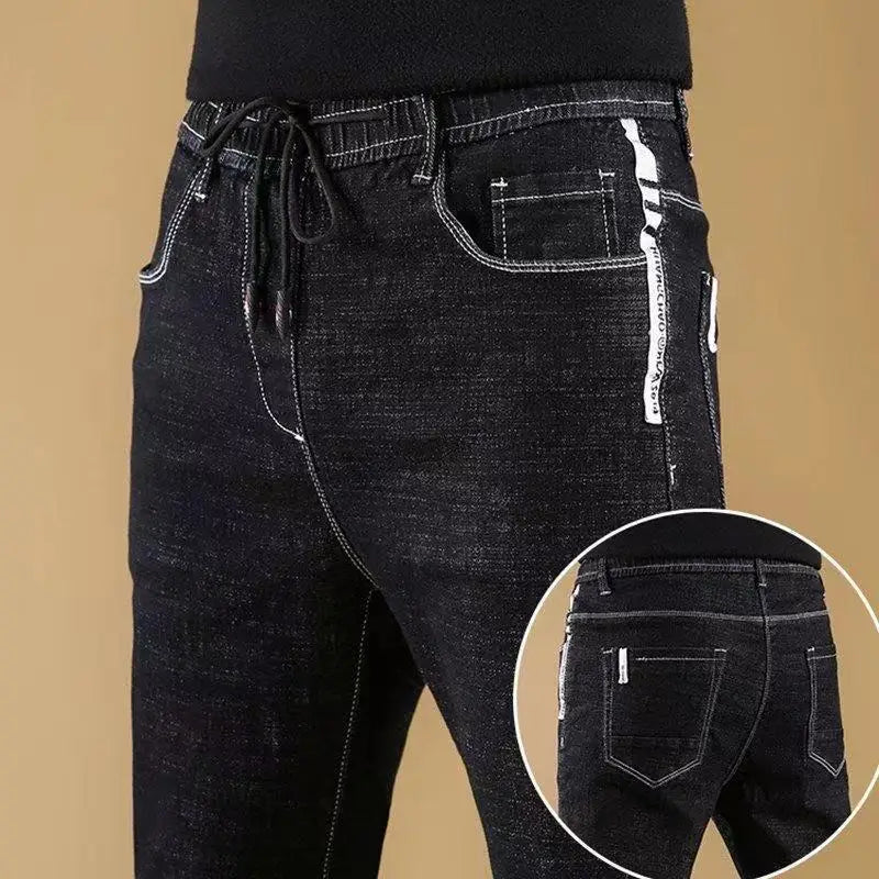 Men's Winter Pants Fleece-lined Jeans Brushed Black Street