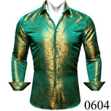 Luxury Silk Shirts for Men Green Paisley Long