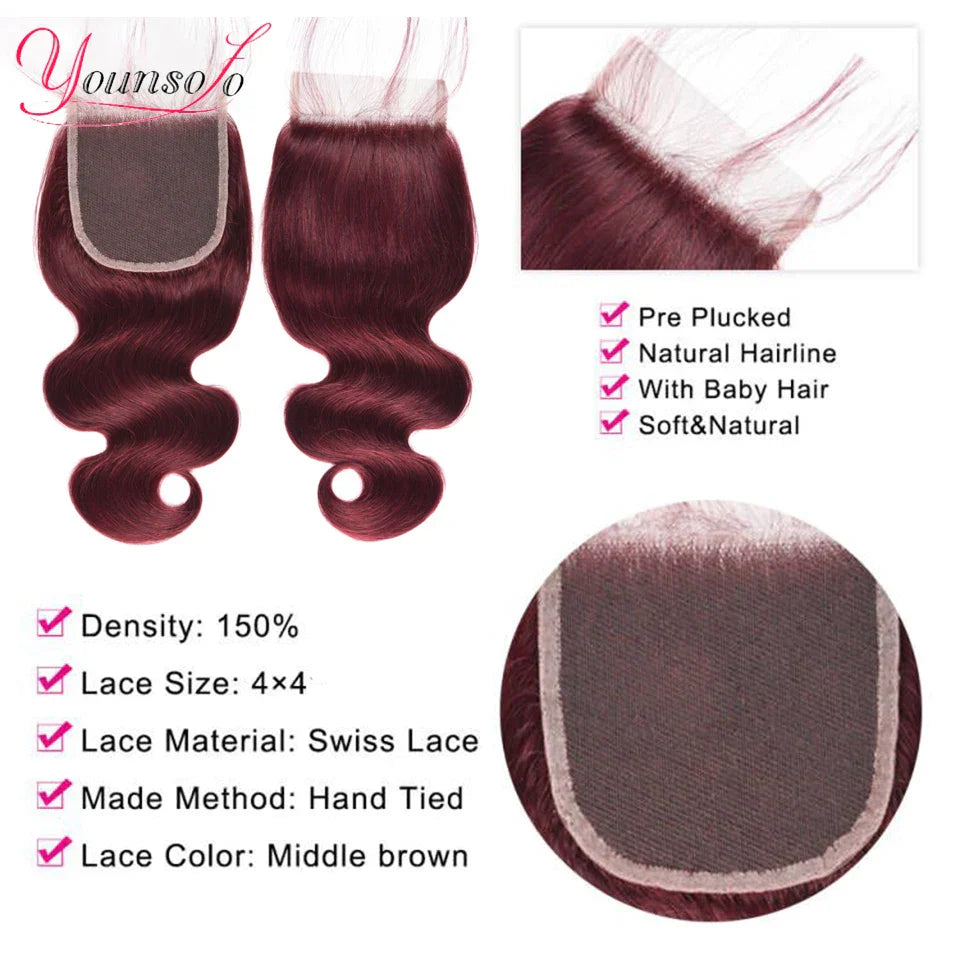 Burgundy Human Hair Bundles With Closure 99j Body