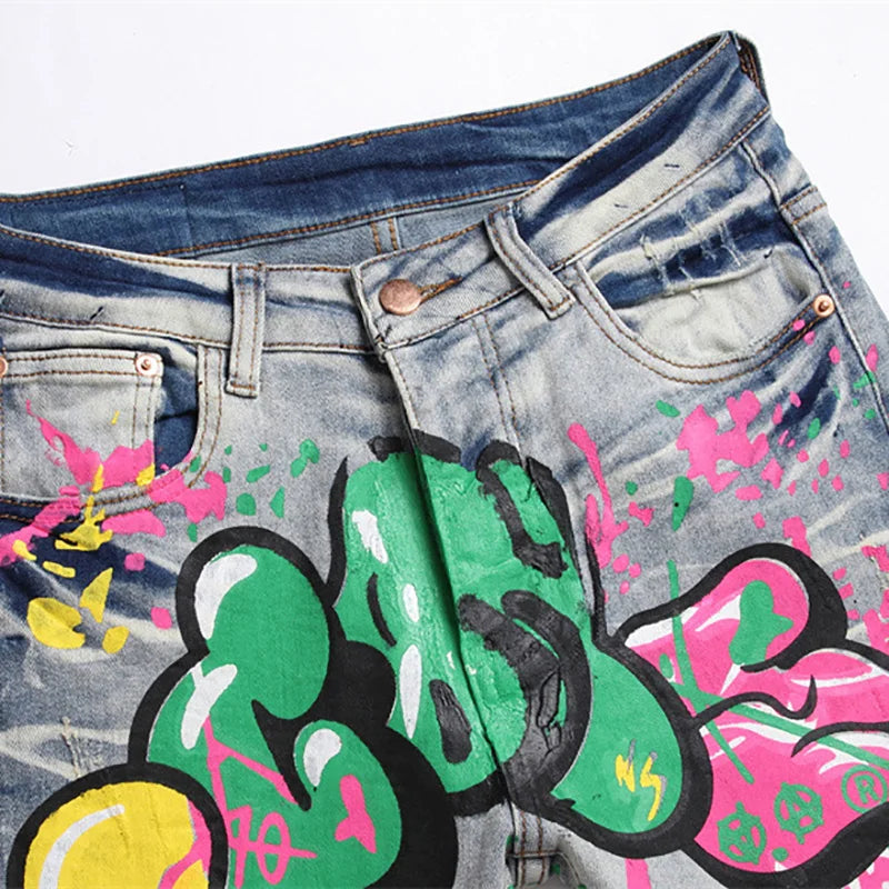 Men Colored Doodle Painted Denim Jeans Streetwear Punk