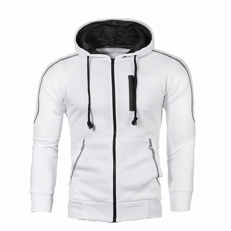 Men Striped Shoulder Decoration Three Pockets Hooded Sweatshirt