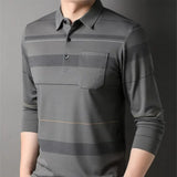 Streetwear Fashion Men Long Sleeve Striped Polo Shirts
